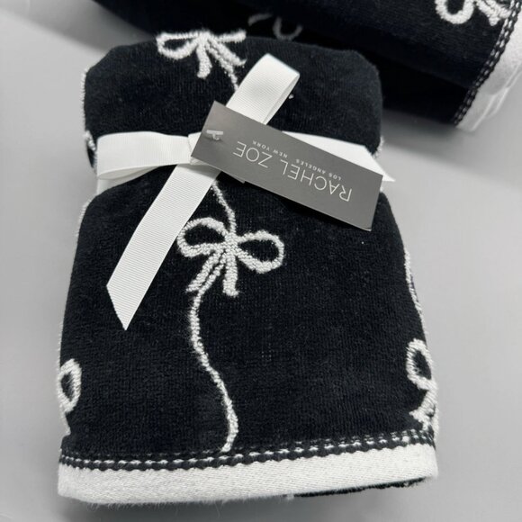 4pc Rachel Zoe Black White Trailing Ribbon Bows 2 Bath 2 Hand Towel Set NEW - Picture 4 of 8